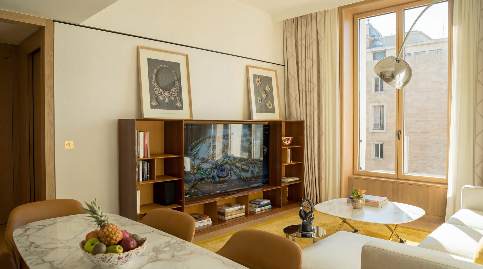 A suite at Bvlgari Hotel Roma — warm wood, marble and Roman light through tall windows
