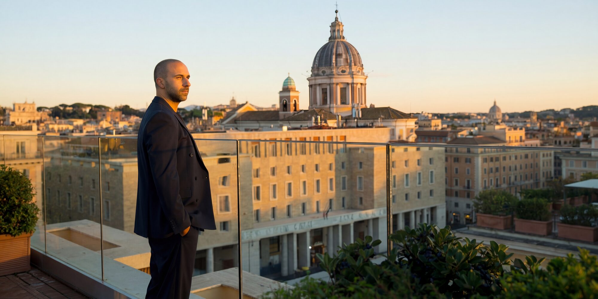 Andrea Vetrano on the rooftop of Bvlgari Hotel Roma at golden hour, the domes of Rome beyond